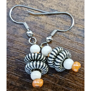 Handcrafted White Orange Bead Silver Tone Disk Dangle Earrings Fashion Jewelry